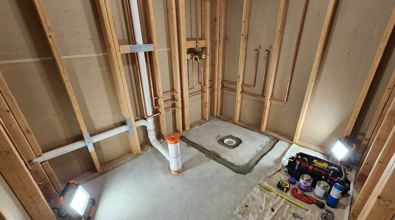 Bathroom rough-in plumbing during remodel by Johns Plumbing LLC in Red Oak