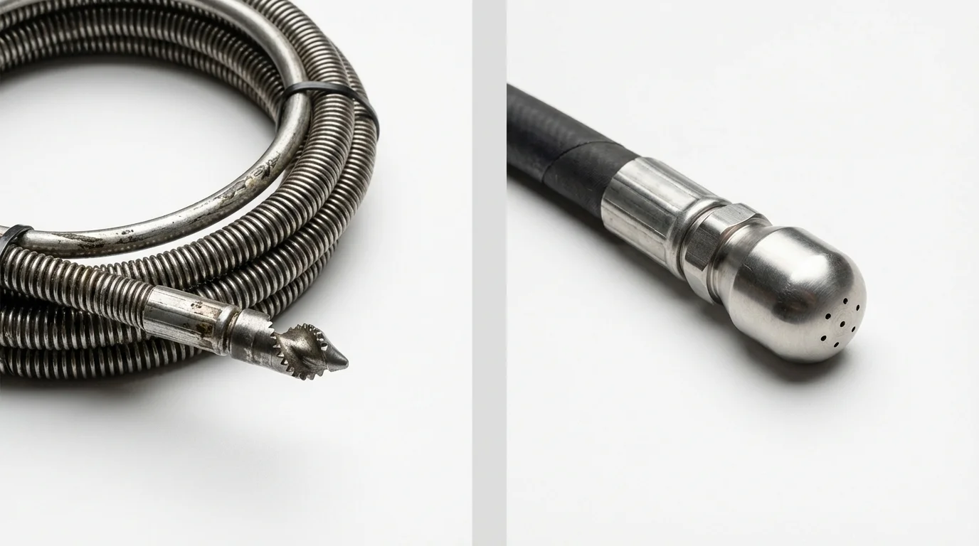 Drain snake cable and hydro jetting nozzle used for drain cleaning in Red Oak, TX