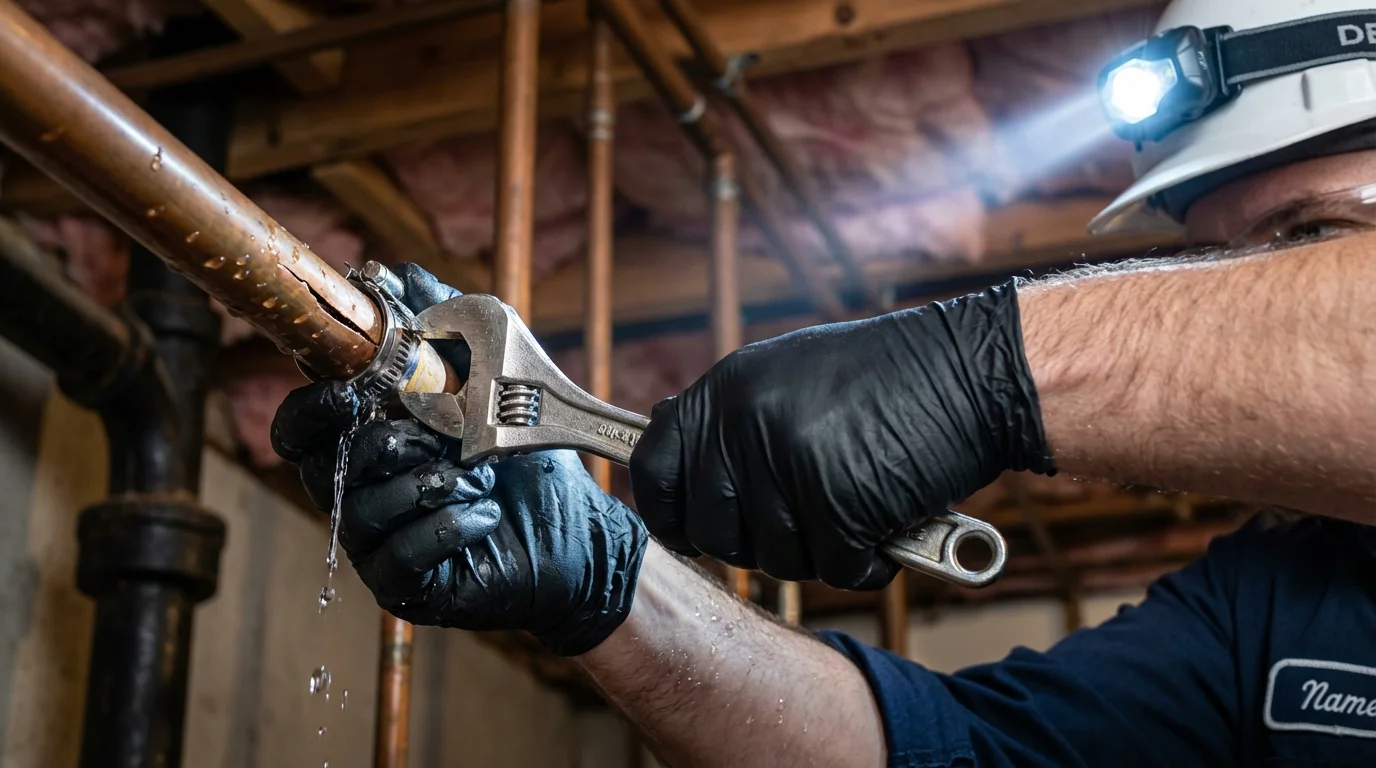 Emergency pipe clamp repair being performed by a Johns Plumbing LLC plumber in Red Oak