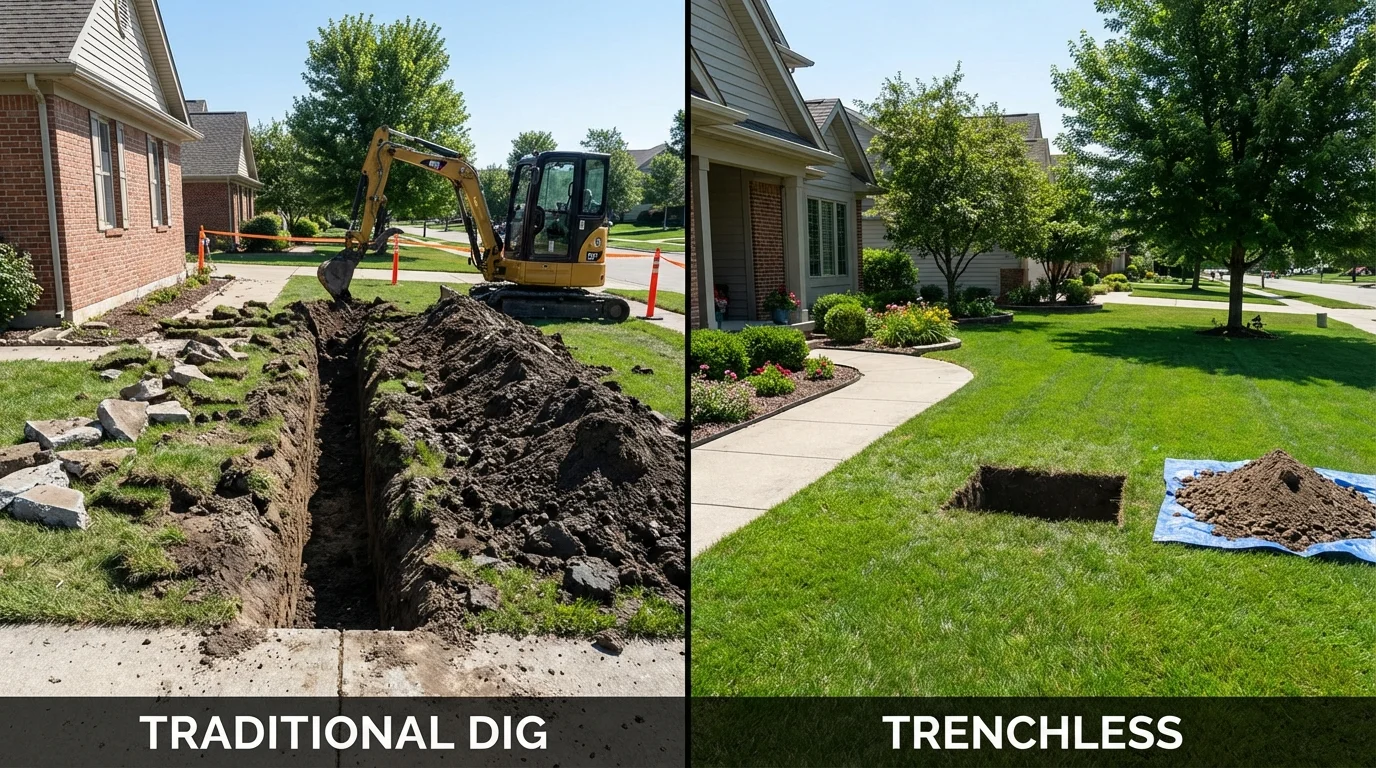 Trenchless sewer repair with minimal yard damage versus traditional excavation in Red Oak, TX