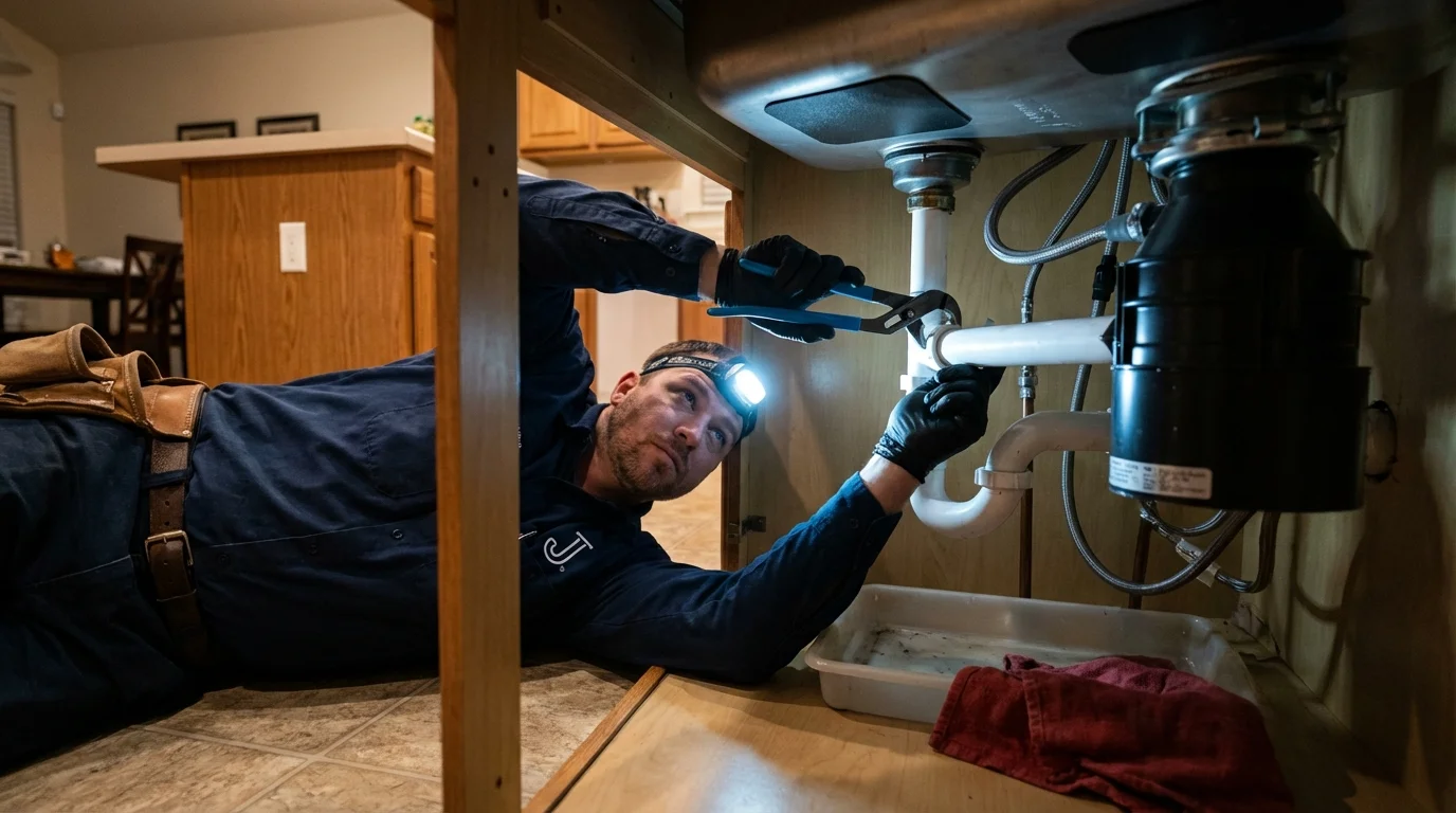 P-trap and supply line connections under a kitchen sink showing a common leak point in Red Oak, TX